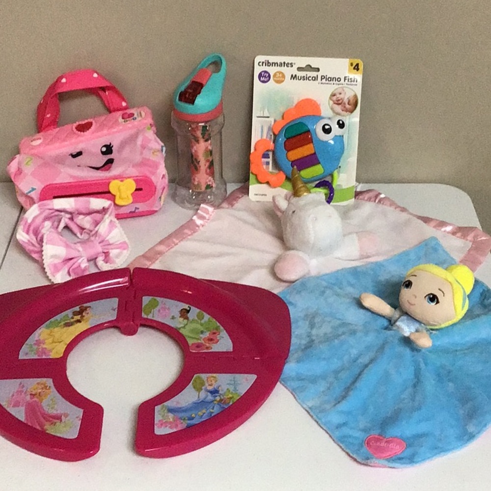 Lot of 7 Baby Girl Toys and Foldable Potty Seat